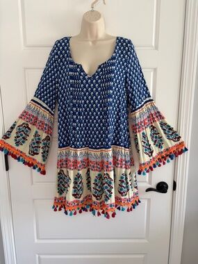 VELZERA Boho Bell Sleeves Tassels Tunic Cover Up Dress Size Small Resortwear